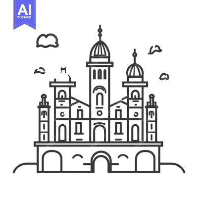 Aset desain premium: An architectural line art illustration depicting a beautiful castle or