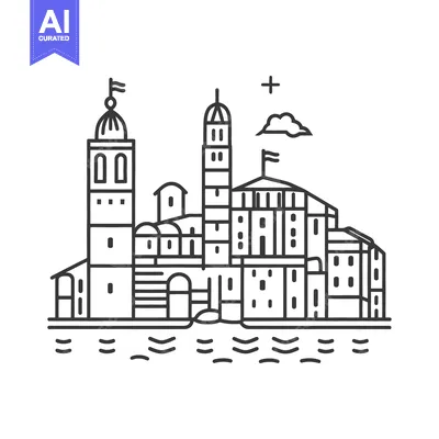 Aset desain premium: A line drawing illustration of an old waterside cityscape