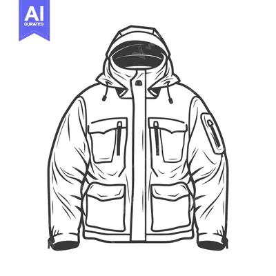 An illustrated jacket with hood and multiple pockets depicted clearly