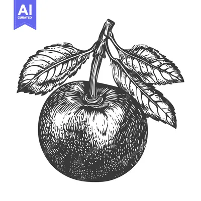 Aset premium populer: An Engraved Illustration Of A Single Apple With Leaves