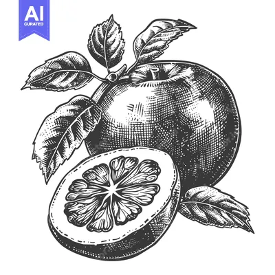 Aset premium populer: An apple and a grapefruit half with leaves