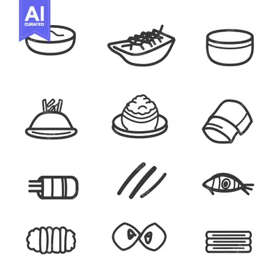 Aset premium populer: Simple minimalist drawings depicting various common food items