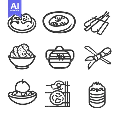 Aset premium populer: Various black line drawings depicting different food items on a white