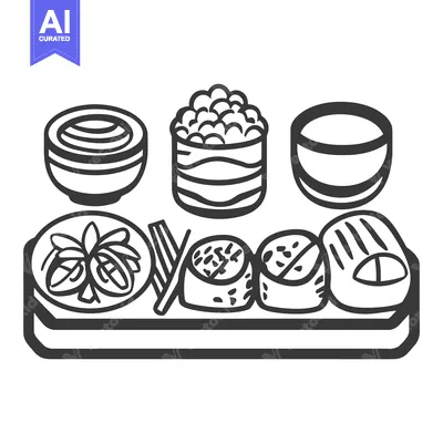 Premium design asset: An illustration of sushi rolls and other accompaniments in black outli