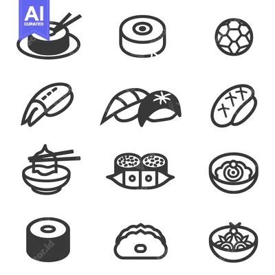 Aset premium populer: Various images of sushi and related food items shown in icons