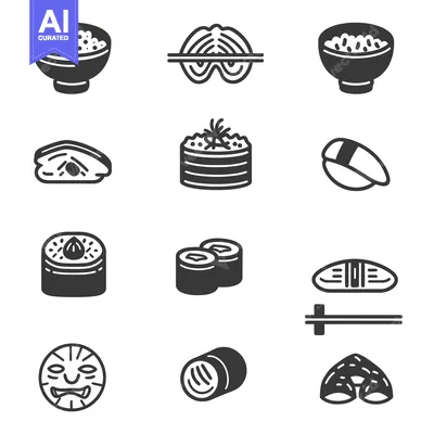 Aset desain premium: Several simple monochrome illustrations of Asian food and dining