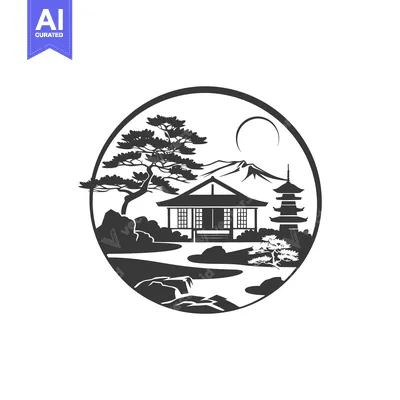 Aset premium populer: Japanese garden scene with a house, pagoda, trees, and mountains in a