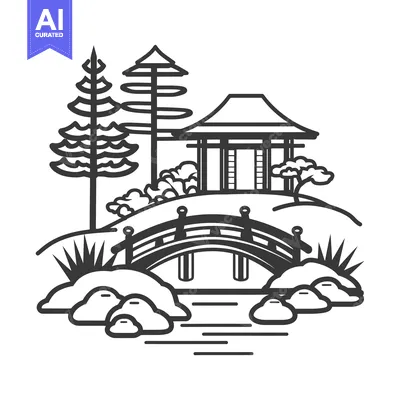 Aset desain premium: Japanese Garden with Pagoda and Bridge