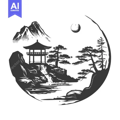 Aset desain premium: Japanese Landscape with Pagoda, Mountain, Waterfall, Moon, and Pine Tr