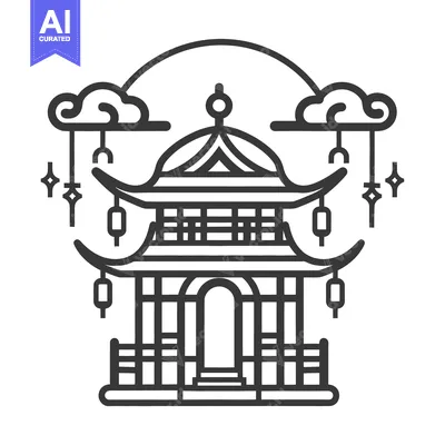 Premium design asset: A stylized black and white illustration of a traditional asian pagoda