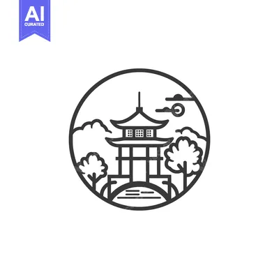Aset premium populer: A stylized black line drawing depicting a japanese pagoda