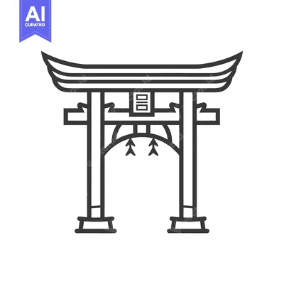 A symmetrical black line illustration depicting a traditional gate str