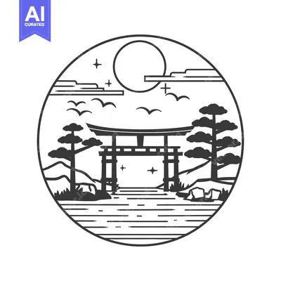 Aset premium populer: Japanese Torii Gate Landscape with Moon and Birds