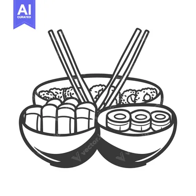 Premium design asset: An illustration depicting various bowls of asian inspired food with ch
