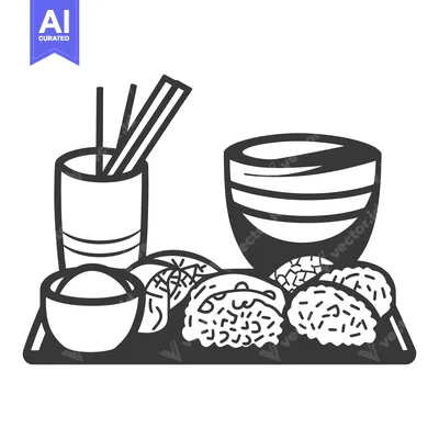 Aset premium populer: A simple grayscale illustration of asian food on a plate