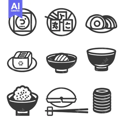 Aset desain premium: Simple graphic illustrations of various traditional Japanese food item