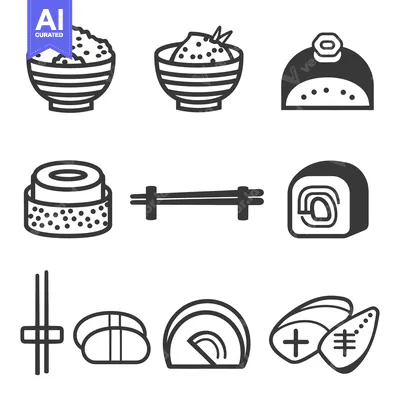 Aset desain premium: A variety of simple black and white sushi themed icons