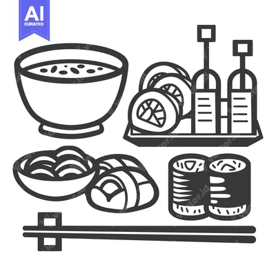 Aset premium populer: Black and white illustration of various delicious Japanese food items
