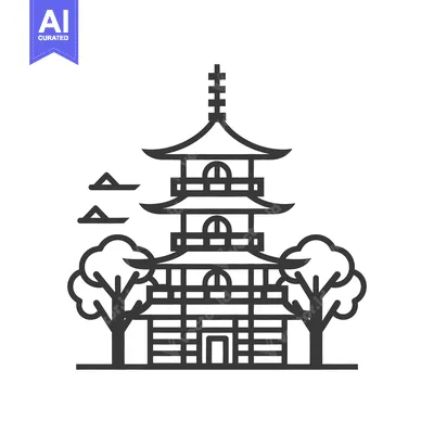 Aset premium populer: A vector line drawing of a traditional tiered building structure