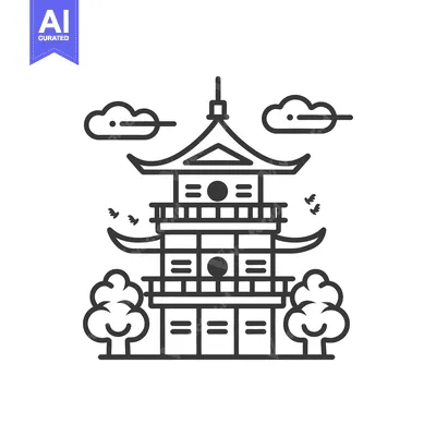Aset premium populer: A detailed line drawing of a traditional asian pagoda