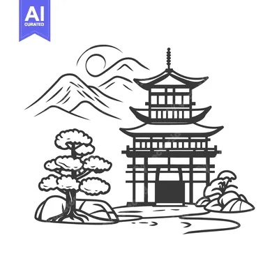Aset premium populer: A stylized black and white drawing of a pagoda and landscape