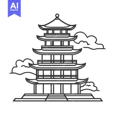 Aset desain premium: A stylized line drawing of a pagoda surrounded by clouds