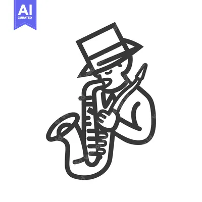 Aset desain premium: An outline illustration depicting a person playing a saxophone instrum
