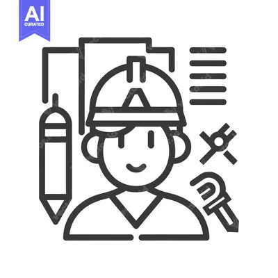 Aset desain premium: An icon depicting a construction worker with tools and a plan