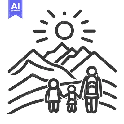 Aset premium populer: A family is hiking together in front of some mountainous scenery