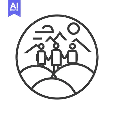 Aset desain premium: Three figures holding hands within a circular outdoor landscape design