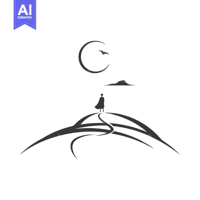 Premium design asset: A person stands atop a hill under the moon with bird