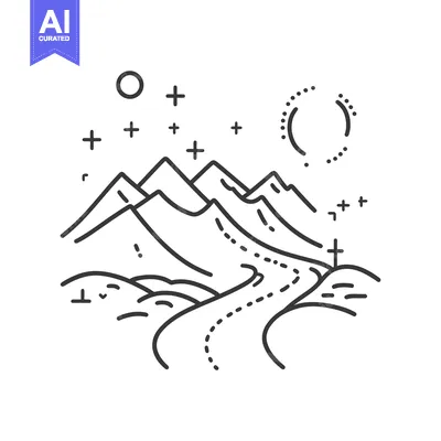 Premium design asset: A scenic black and white illustration of mountains and a path