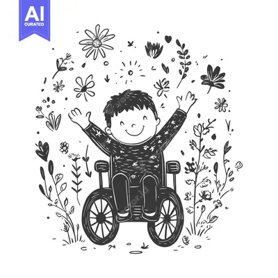 Premium design asset: Joyful Boy in Wheelchair Surrounded by Flowers