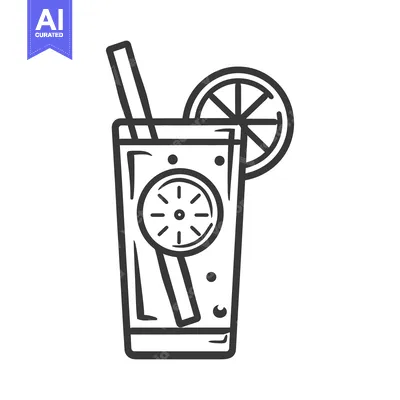 Aset premium populer: Simple outline illustration of a refreshing drink with fruit and straw