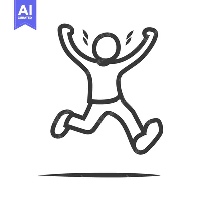 Popular premium asset: Simple black outline depicts a person in a joyful leaping action