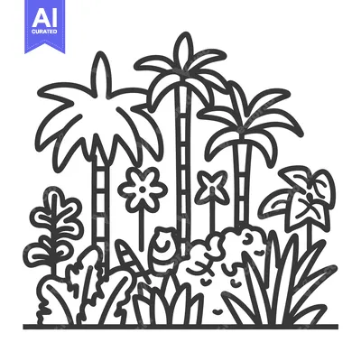 Popular premium asset: Simple line drawing depicts lush tropical plants and trees