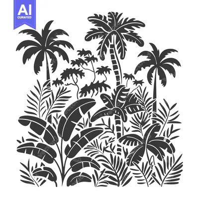 Aset desain premium: Decorative image featuring silhouettes of tropical plants and trees
