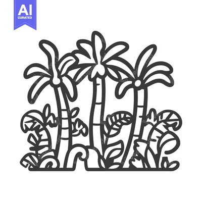 Aset desain premium: Simple outlined illustration depicting several palm trees with leafy p