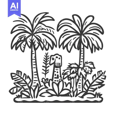 Aset desain premium: Artistic illustration of a jungle scene with palm trees and animal