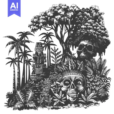 Premium design asset: Jungle Scene with Skulls, Totem, and Palm Trees