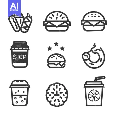 Aset premium populer: Various food and beverage icons in simple outlined black style
