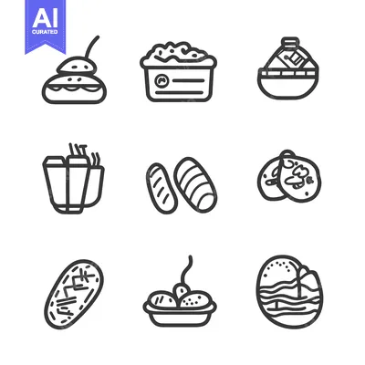 Aset premium populer: Monochrome illustrations depicting various food items and related beve