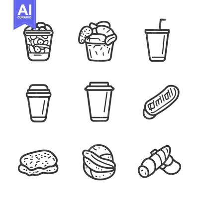 Aset premium populer: Simple line art illustrations of various food and beverage items