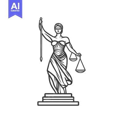 A black and white illustration depicts lady justice holding scales