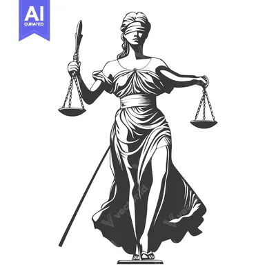 Premium design asset: A black and white illustration of the lady of justice