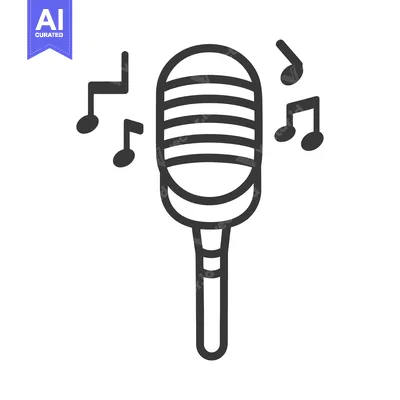 Aset premium populer: A black and white illustration of a microphone with musical notes