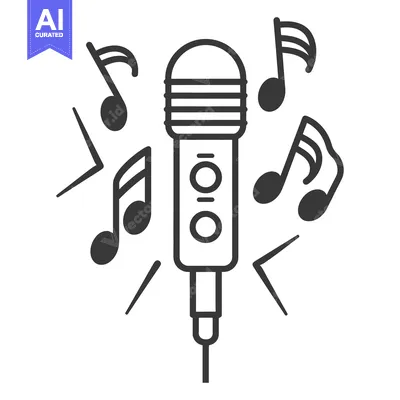 Aset desain premium: A black and white microphone with musical notes around it
