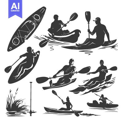 Aset premium populer: Kayaking Silhouettes with Paddles and Kayaks