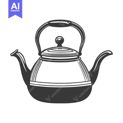 Aset premium populer: A black and white illustration depicts a vintage metal teapot