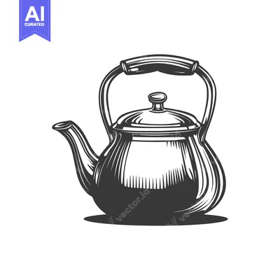 Aset desain premium: A vintage black and white illustration of a metal teapot